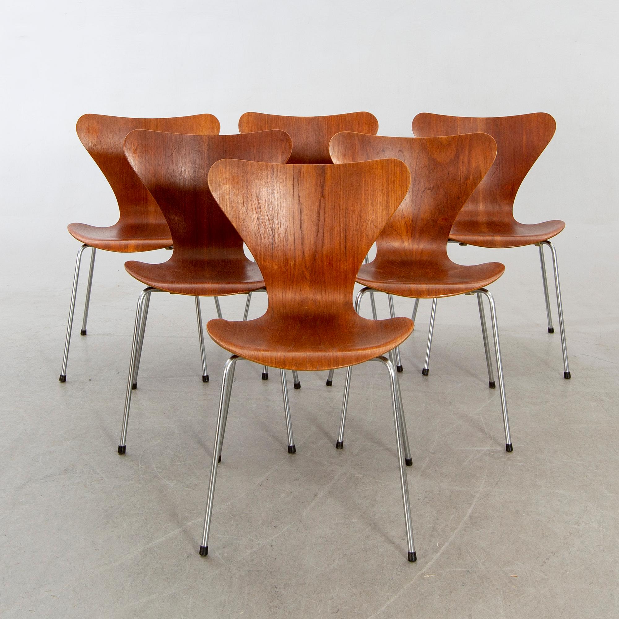 Arne Jacobsen, stolar 6 st, "Sjuan", Fritz Hansen, 1960-tal.