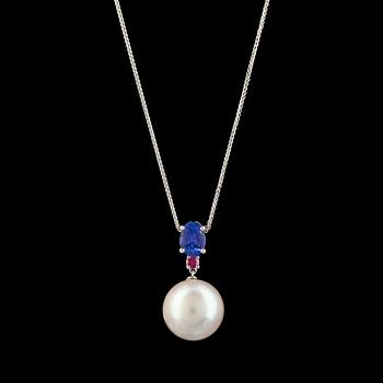 72. A cultured South sea pearl, 15 mm, tanzanite and ruby pendant.