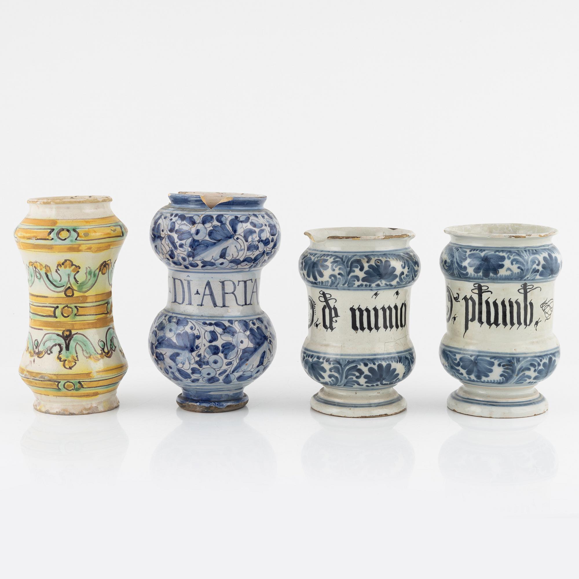 Seven earthenware apothcahry jars, southern Europe, 18th/19th century.