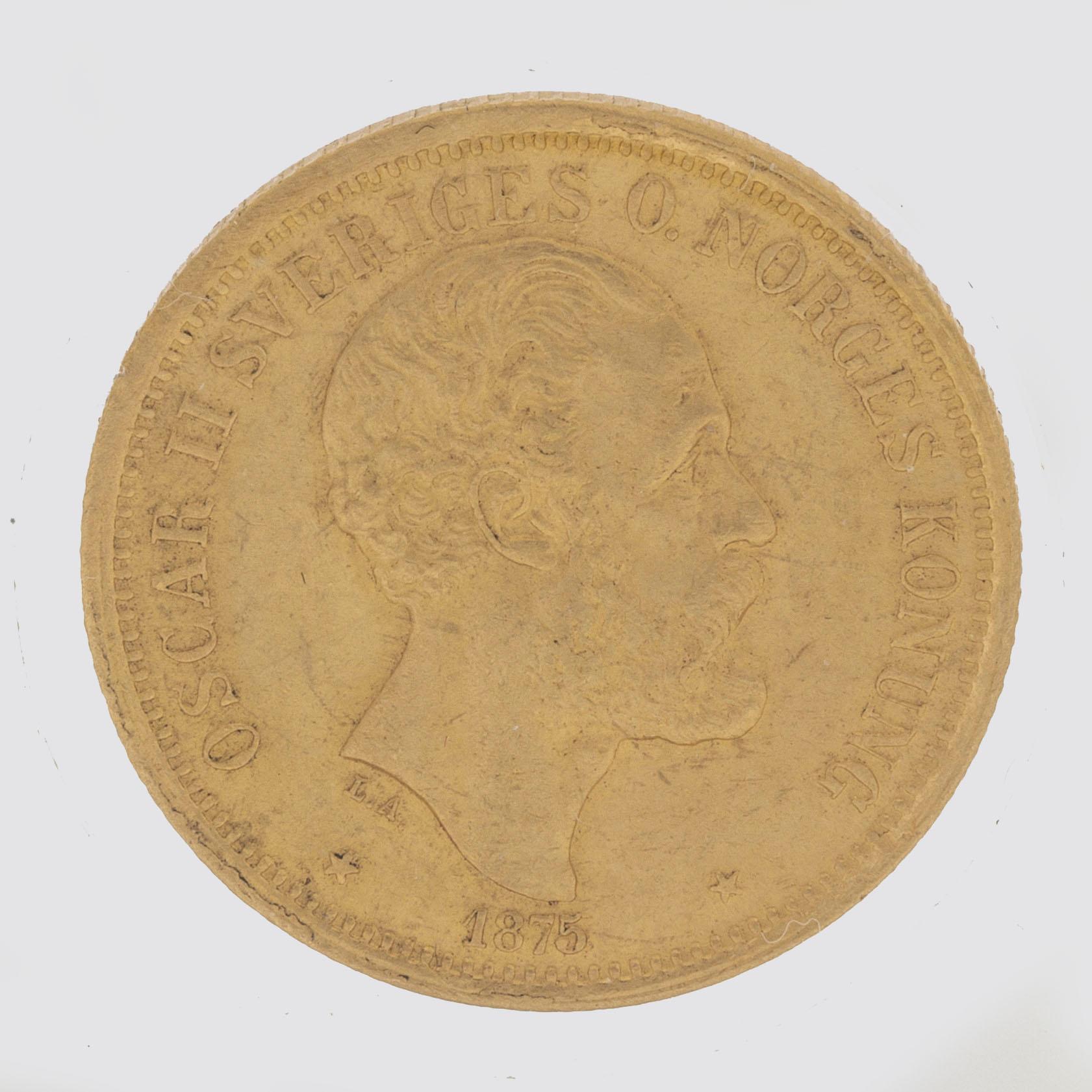 A gold coin, 20 swedish kronor, 1875, weight c 9 g.