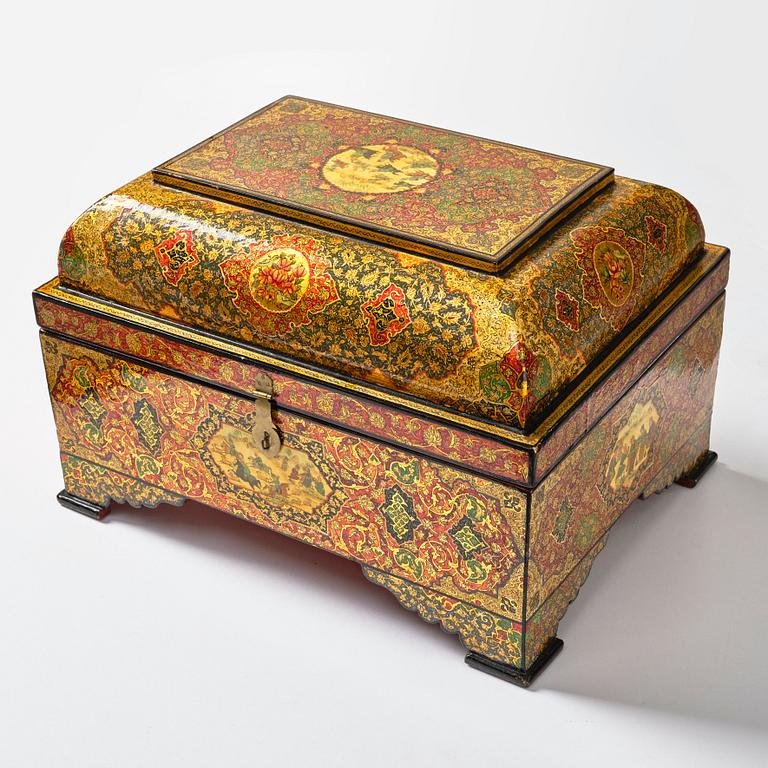 A large persian 'Safavid Revival' lacquer papier-mâché casket, Qajar dynasty.