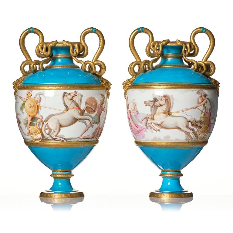 A pair of Minton gilt bronze vases, England, 1860s, probably designed by Alfred Stevens.