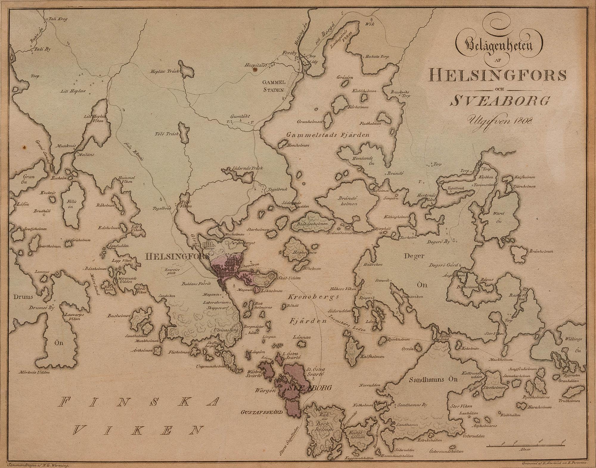KARTA, Belägenheten af Helsingfors och Sveaborg, utgifen 1808.