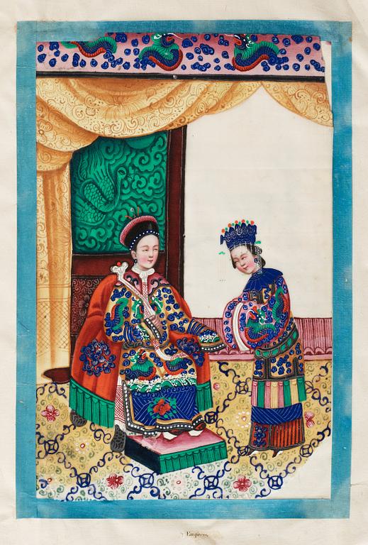 Album comprising 12 export gouaches on pith paper, portraying the Chinese court, Qing dynasty, late 19th Century.