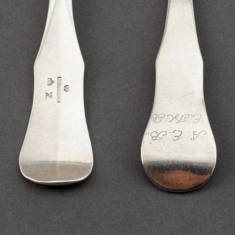 A matched pair of Swedish 18th century silver spoons, mark of Ivar Lunthin, Lund 1781-1782.