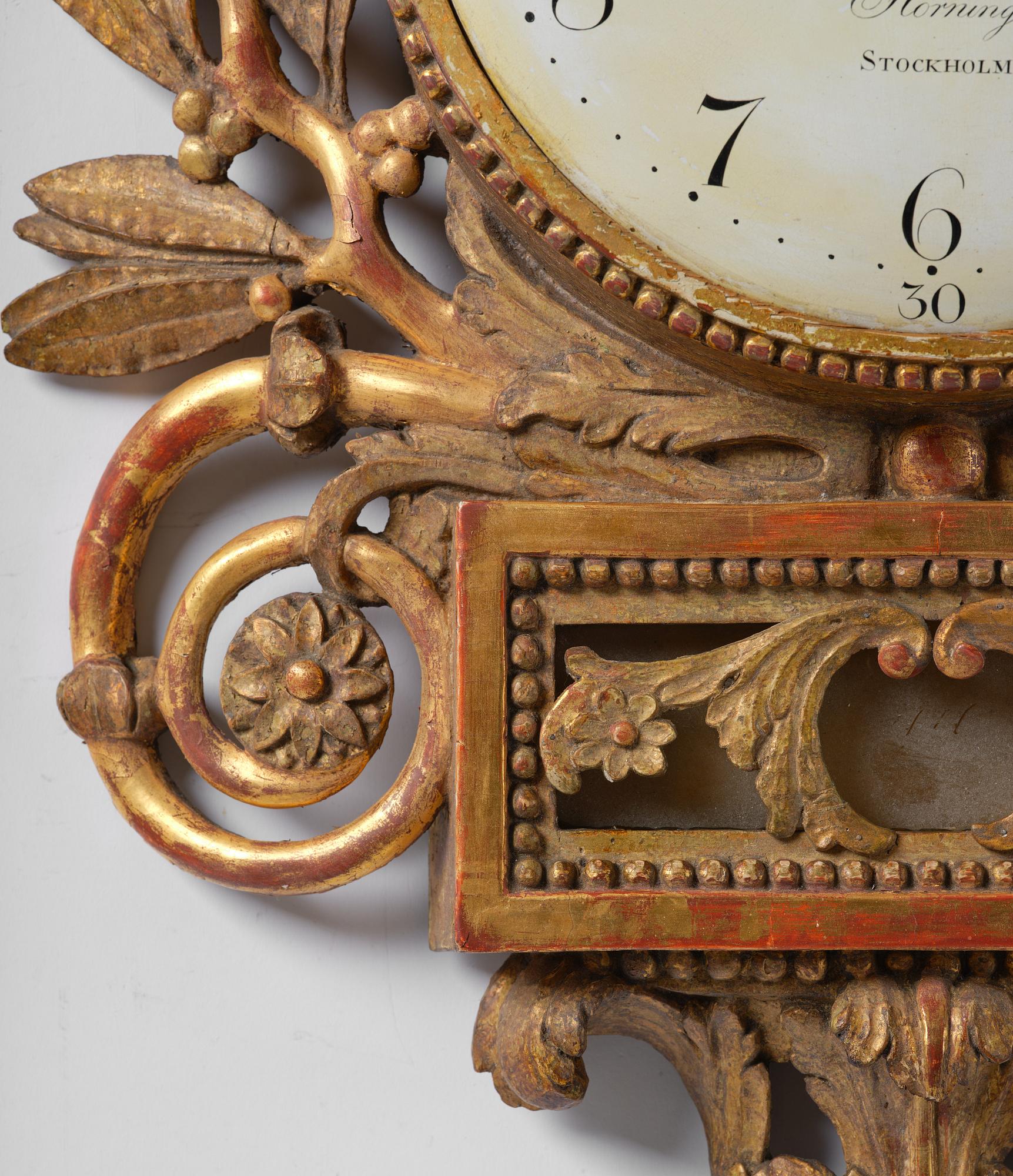 Wall clock, late Gustavian, Sven Peter Hörning (1750-1808, watchmaker in Stockholm, took over Petter Ernst's clock factory in 1785).