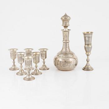 Six Silver Goblets, a Decanter, and a Champagne Goblet.