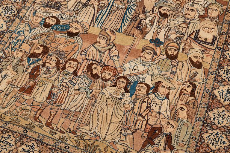 A Persian Kerman Laver 'Mashahir' (The rulers of the world) rug, c. 230 x 143 cm.