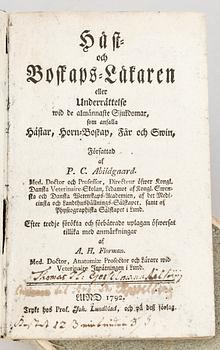 BÖCKER, 2 st, bla "Häst- och Boskaps-Läkaren eller underrättelse wid de almännaste sjukdomar..." av PC. Abildgaard, Lund 1792.