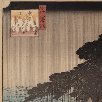 UTAGAWA HIROSHIGE (1797-1858), efter, färgträsnitt. Japan, "Night Rain at Karasaki", sent 1800-tal/tidigt 1900-tal.