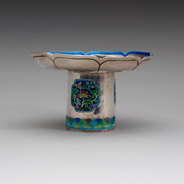 A silver and enamel cup stand, China, early 20th century.