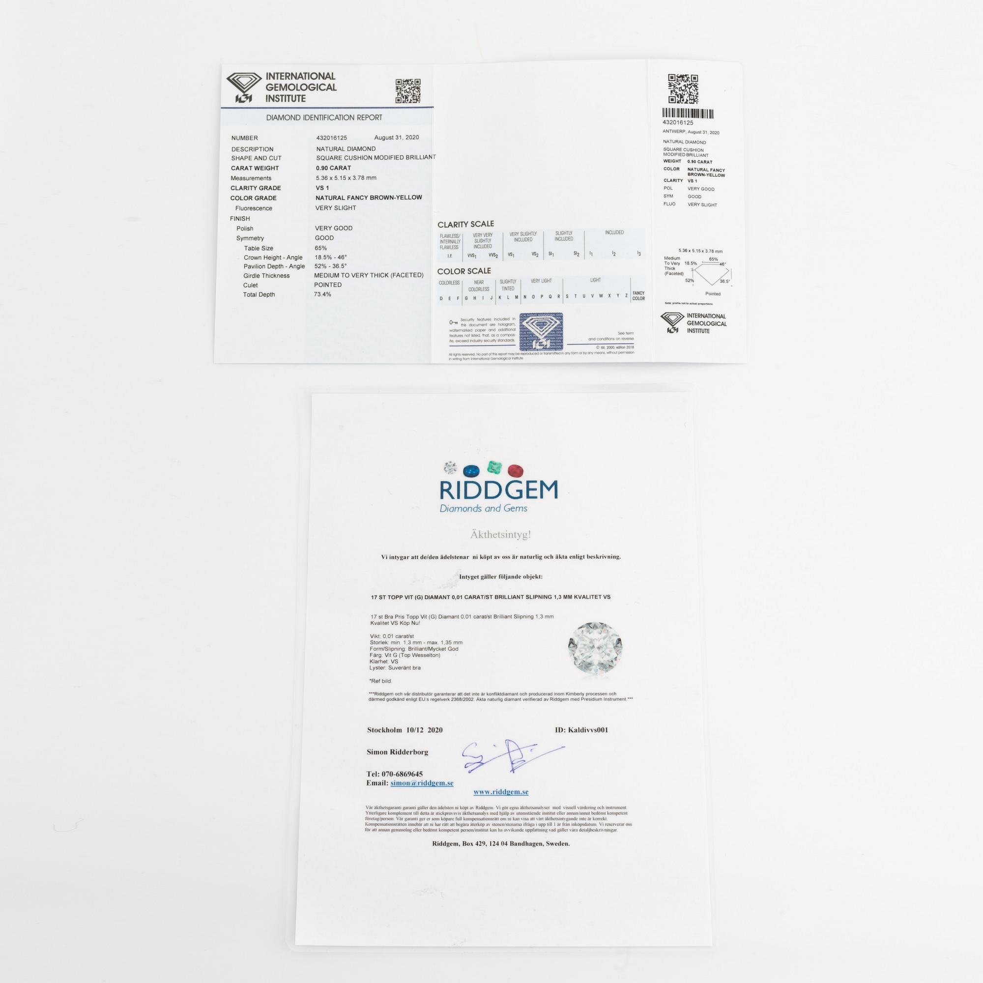 Ring, 18K vitguld med cushionformad fancy brown-yellow diamant samt briljantslipade diamanter.