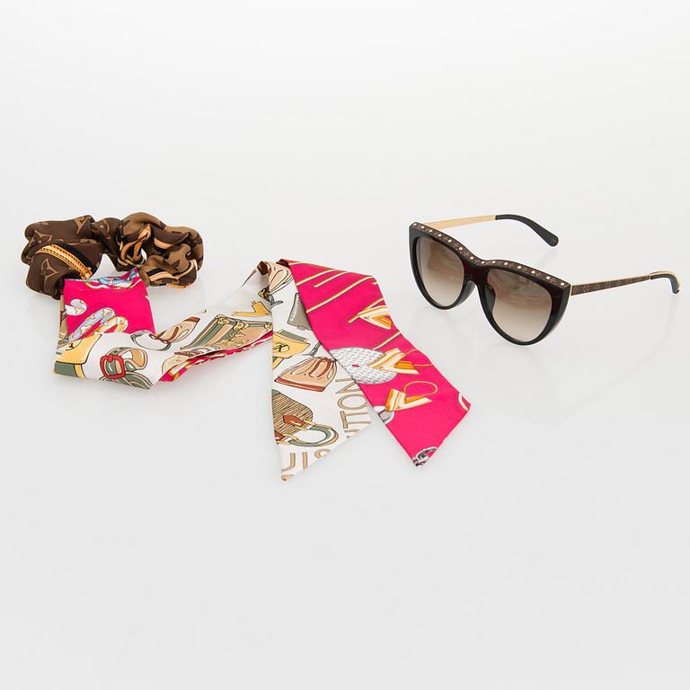 Louis Vuitton, 'La Boum Canvas' sunglasses and a  Chouchou scrunchie.