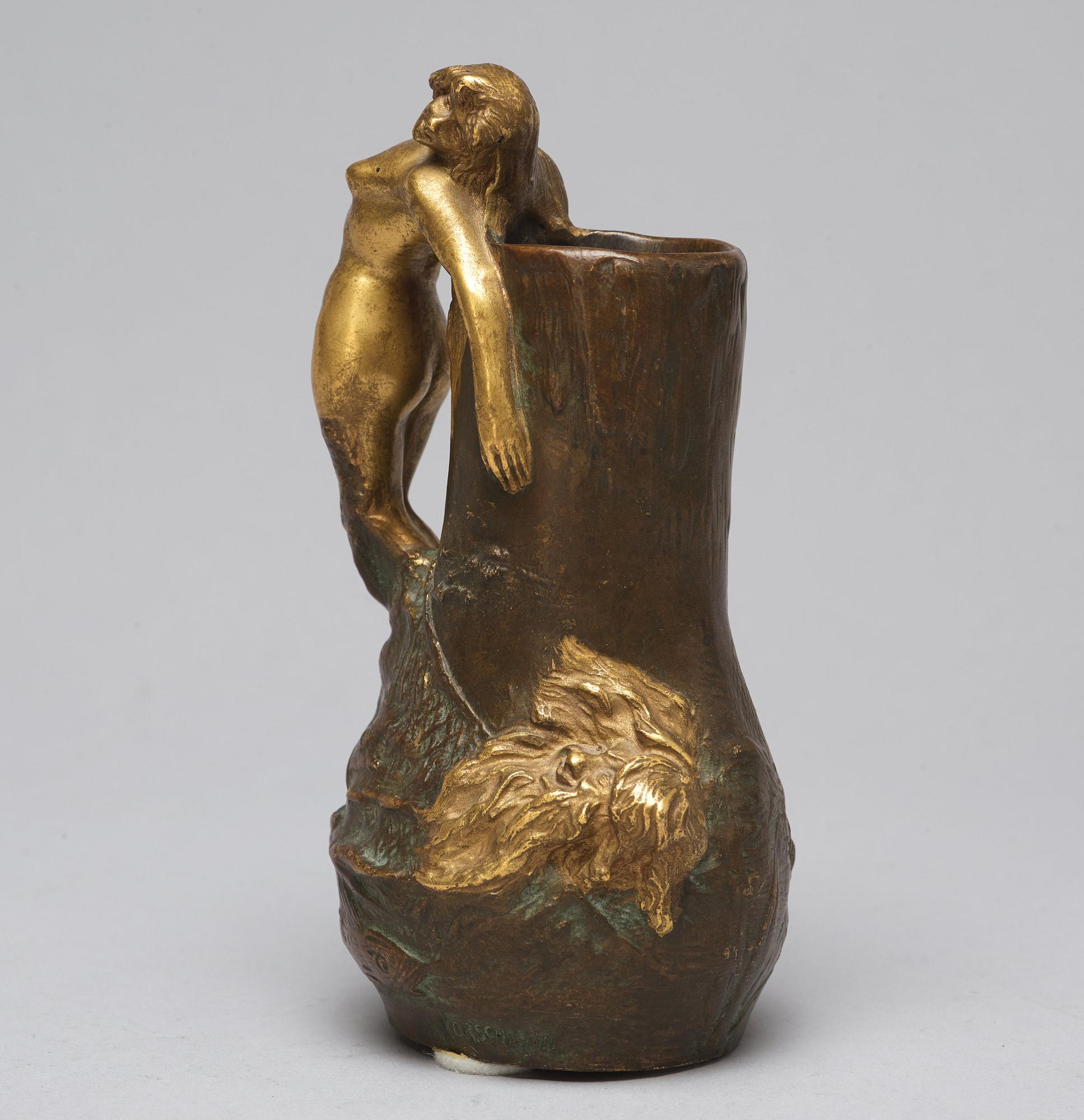 CHARLES KORSCHANN, an art nouveau gilt and patinated bronze vase, Paris ca 1900.