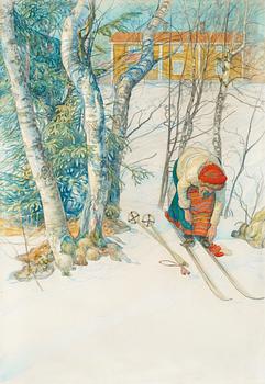 48. Carl Larsson, "Skidlöperska / Flicka spänner på sig skidorna".