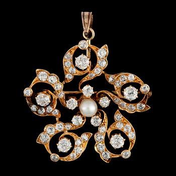 142. A cultured pearl and diamond brooch/pendant. Diamonds total carat weight circa 1.00 ct.