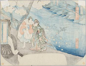 Hiroshige, Travelling couple by the river, 'fan-print'.