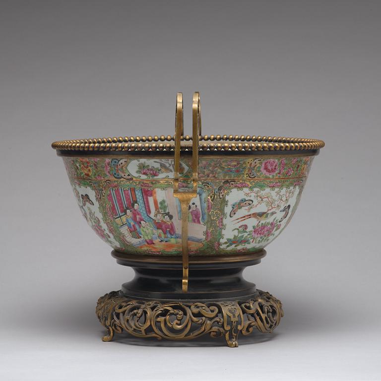 A large famille rose metal mounted Kanton punch bowl, Qing dynastin, 19th Century.