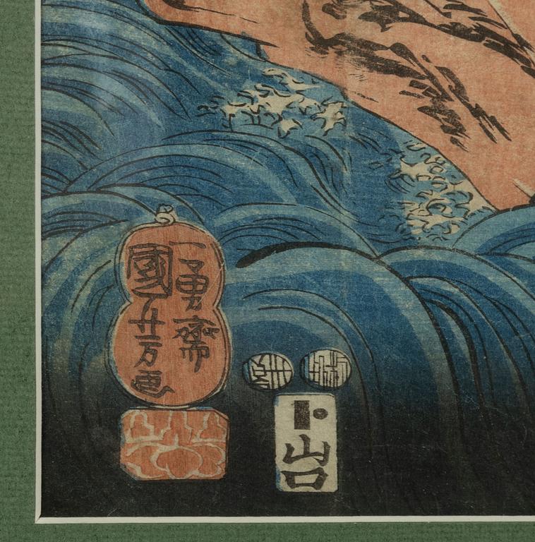 Utagawa Kunisada och Utagawa Kuniyoshi, träsnitt (triptyk resp diptyk).