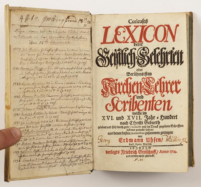 BOKPARTI GENEALOGI OCH BIOGRAFI, 16 vol, bla "Curieuses..Kirchen Lehrer und Schribenten.." E. Uhsen. Leipzig 1714.