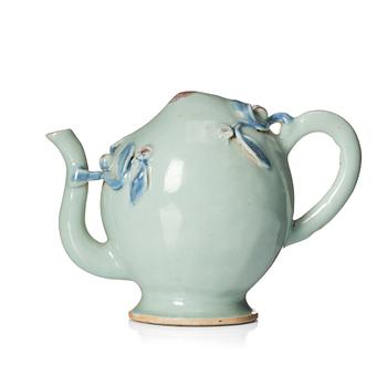 1063. A celadon and underglaze blue and red glazed Cadogan tea pot, Qing dynasty, 19th Century.