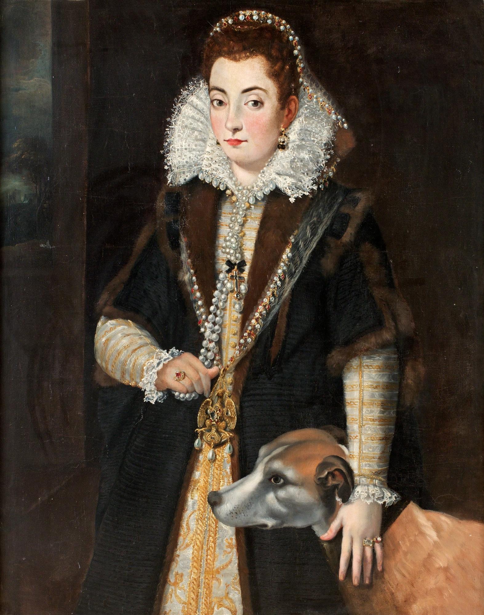 Ädel dam med jakthund.