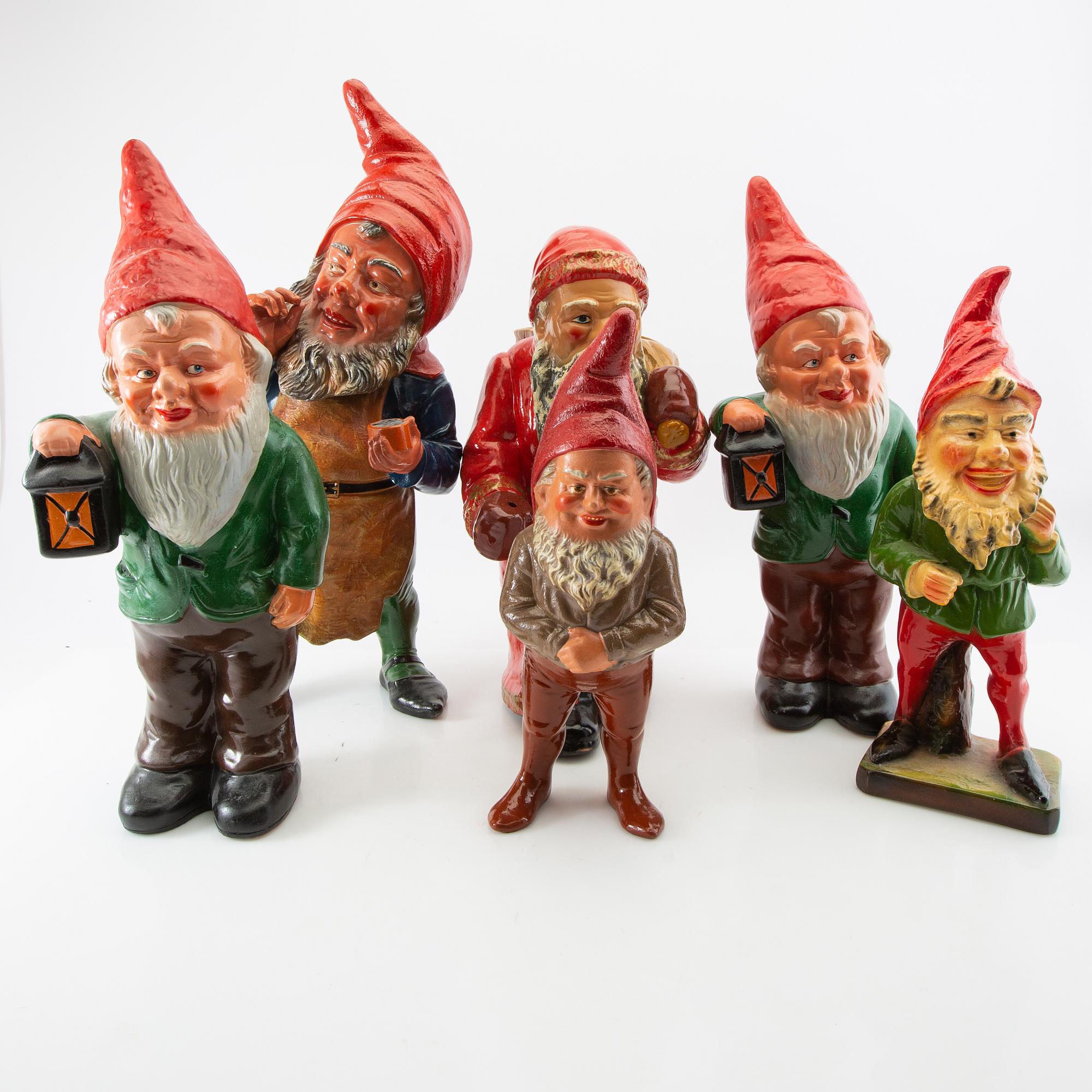Gnomes 6 pcs mostly Germany mid/second half of the 20th century painted terracotta.