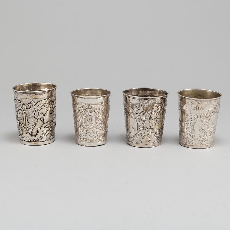 Four Russian 18th century silver beakers.