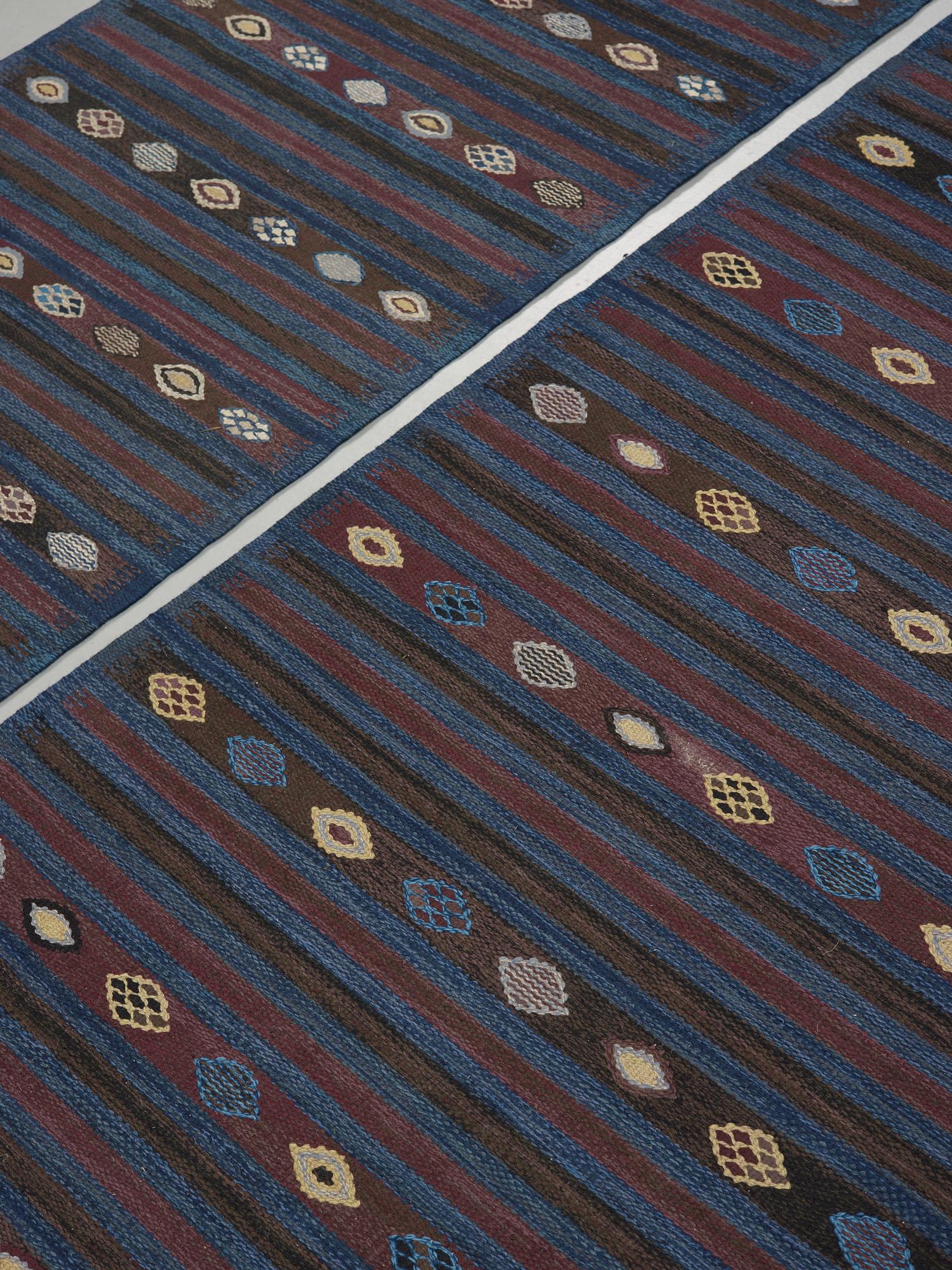 BARBRO NILSSON, carpets, 2 pieces, flat weave, 238,5 x 101 resp. 181,5 x 81 cm, "Blåbär, mörk", signed AB MMF BN.