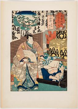 UTAGAWA KUNIYOSHI (1797/98-1861), färg träsnitt, 8 stycken. Japan, från serien "Sixty-nine stations of Kisokaido Road".