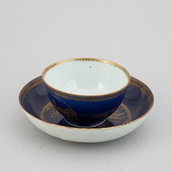 Six powder blue and gilt porcelain cups with saucers, Qing dynasty, Qianlong (1736-95).