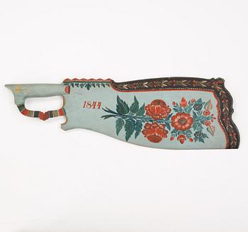 A painted traditional folk art flax knife, attributed to Per Schenler, Norrala, Hälsingland. Dated 1844.