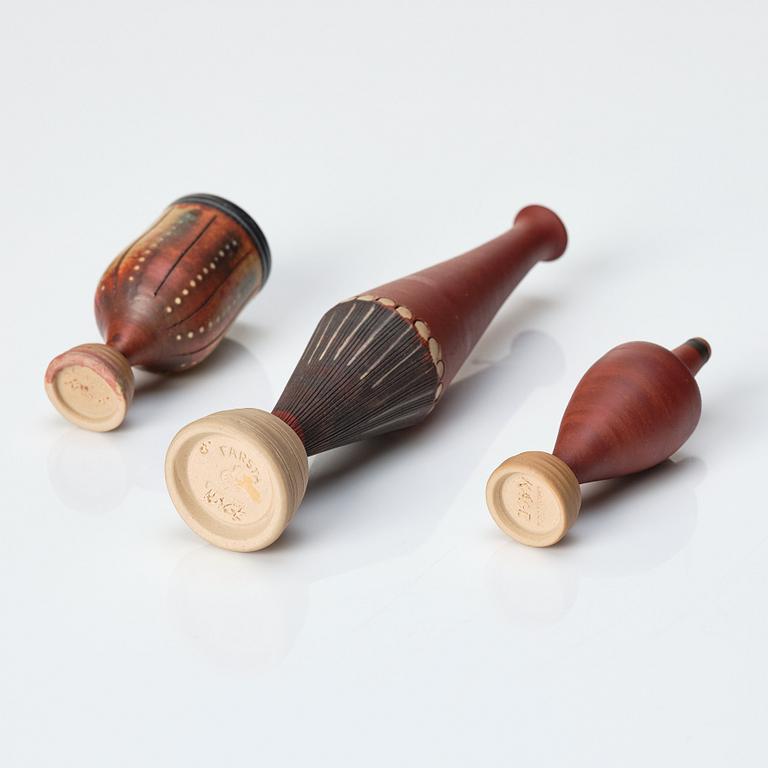 Wilhelm Kåge, a set of three miniature  'Farsta Spirea' stoneware vases, Gustavsberg studio, Sweden, one dated 1958.