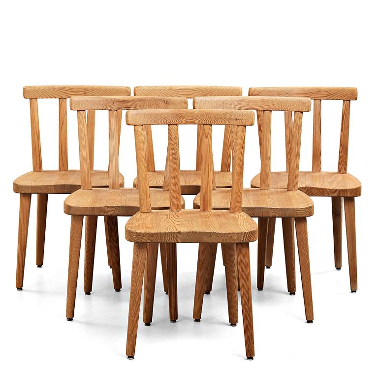 Axel Einar Hjorth, a set of six "Utö" stained pine chairs, Nordiska Kompaniet, Sweden 1930's.