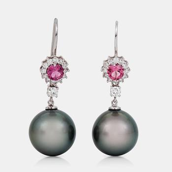 589. A pair of cultured Tahiti pearl, pink tourmaline and brilliant-cut diamond earrings.