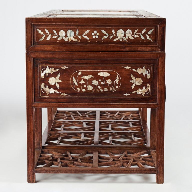 A Chinese writng desk with stone placques and mother of pearl inlay, late Qing dynasty.