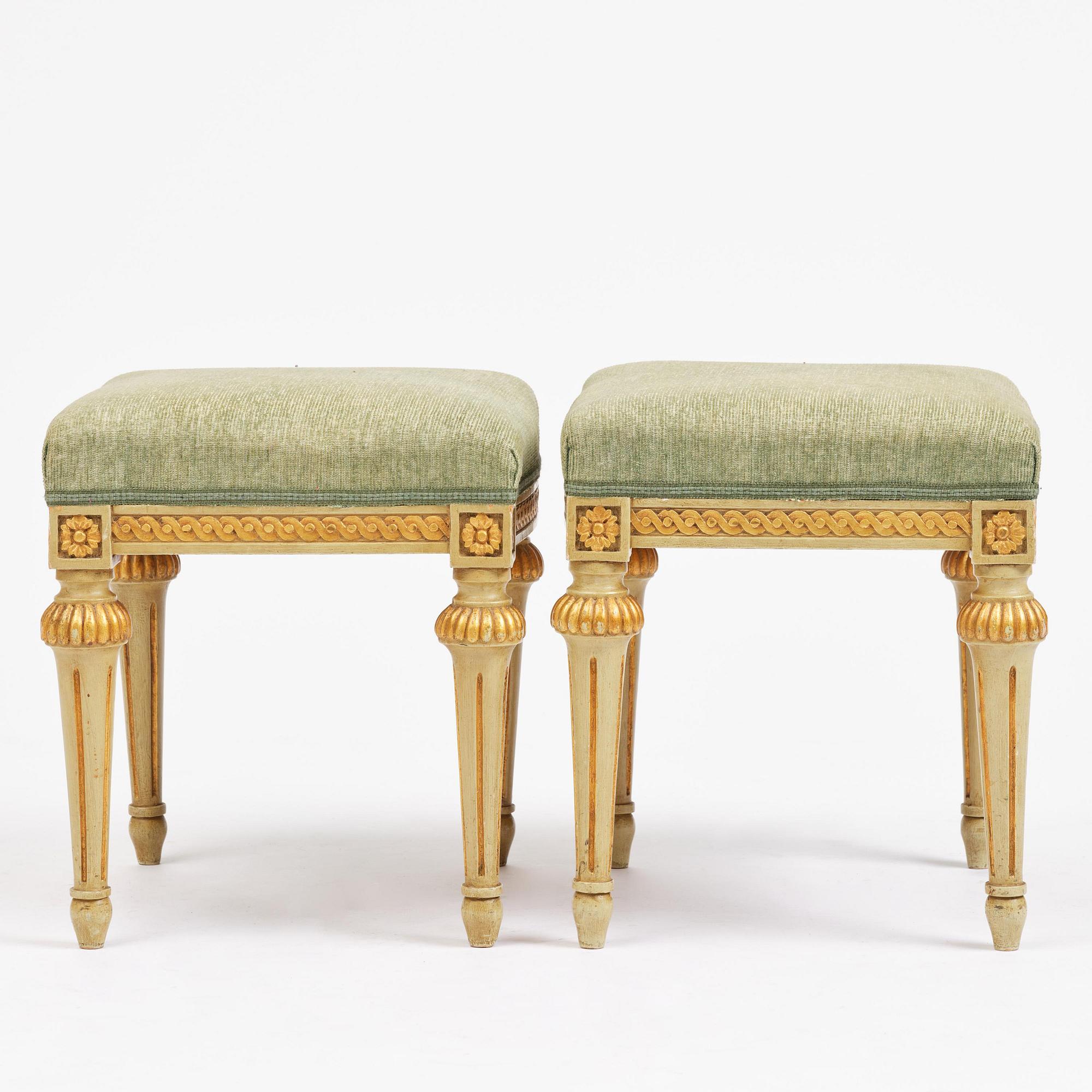 A pair of stools in the manner of Erik Öhrmark (master in Stockholm 1777–1813), Gustavian.