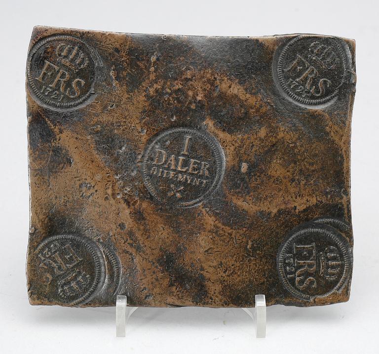 PLÅTMYNT, koppar, 1 daler silvermynt, Fredrik I, Sverige 1721.