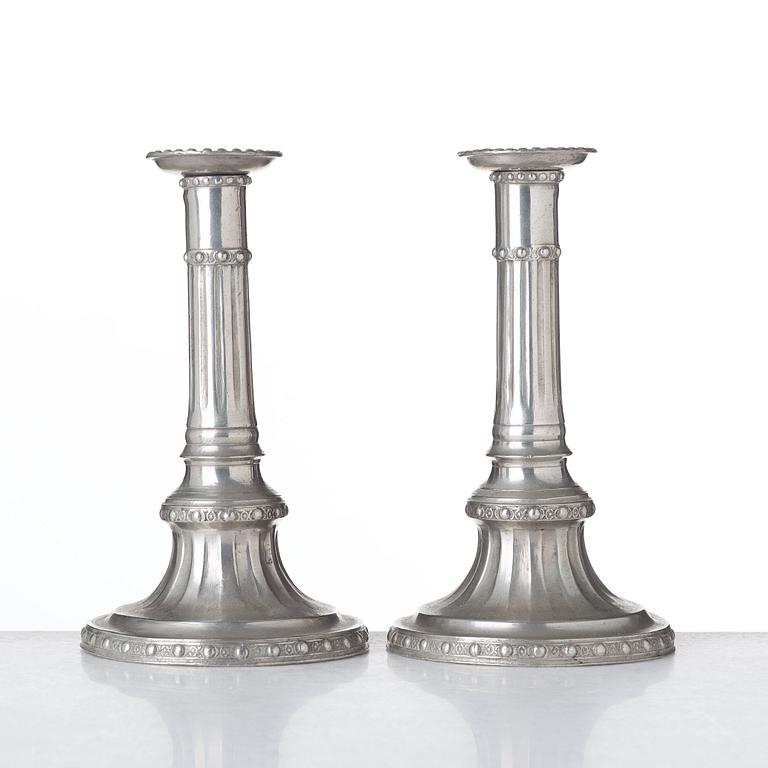 A pair of pewter candlesticks by Olof Martin Moberg, Jönköping 1791.