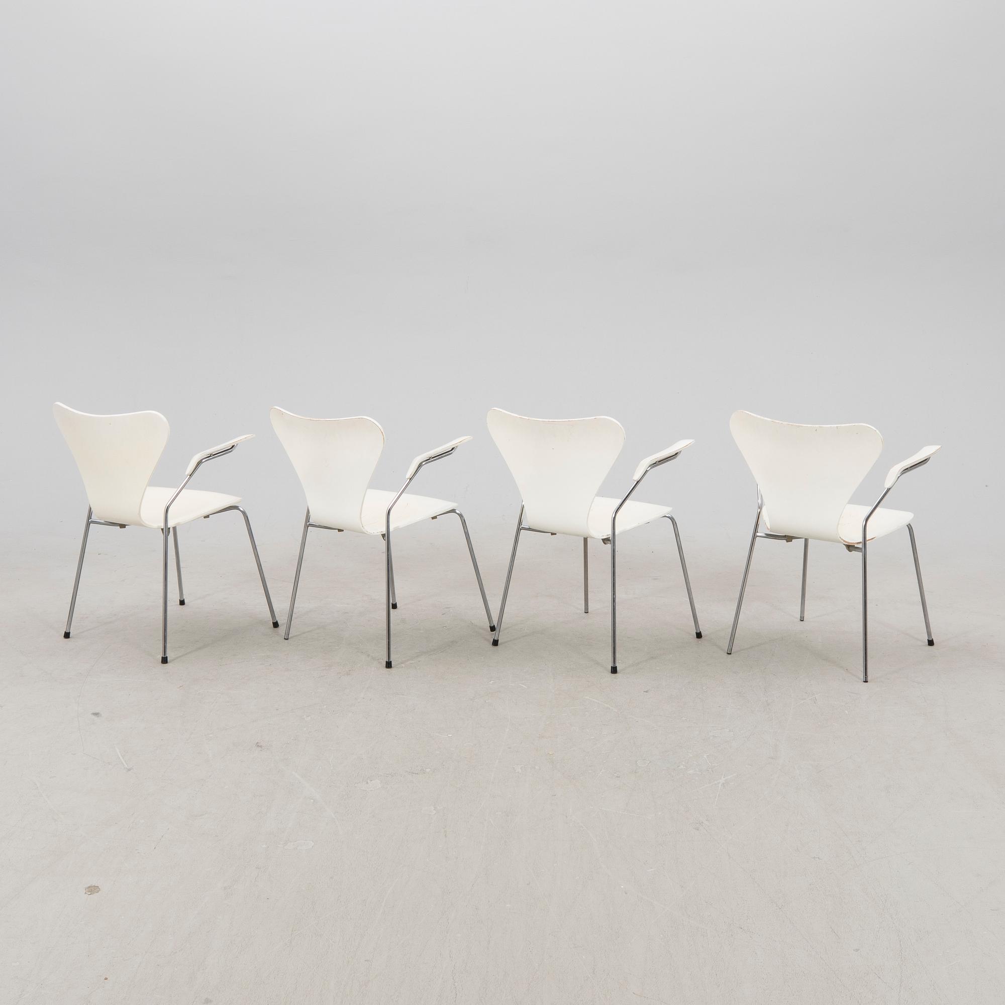 Arne Jacobsen, a set of four  "Sjuan" armchairs from Fritz Hansen Denmark.