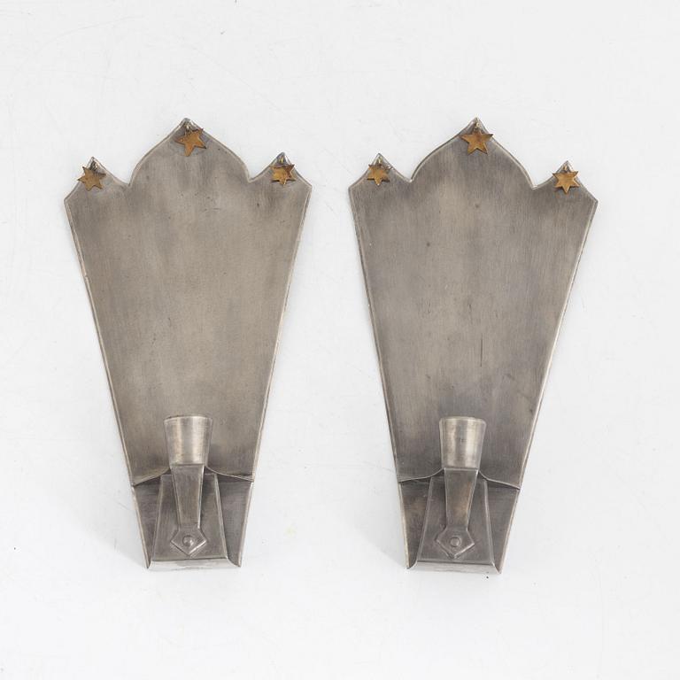 Astrid Aagesen, a pair of pewter wall sconces, Helsingborg, Swedish Grace, 1920s.