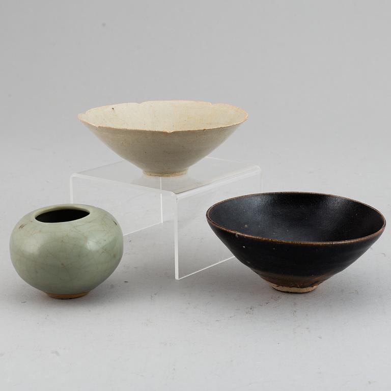 A group of three ceramic objects, including Song and Yuan dynasty.