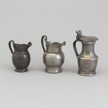 THREE PEWTER JUGS, 18th/19th century.