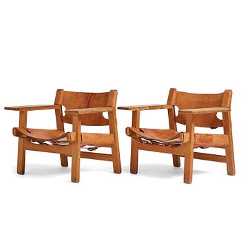 408. Børge Mogensen, a pair of oak and natural leather "Spanish Chair", model 226, Fredericia Stolefabrik, Denmark.