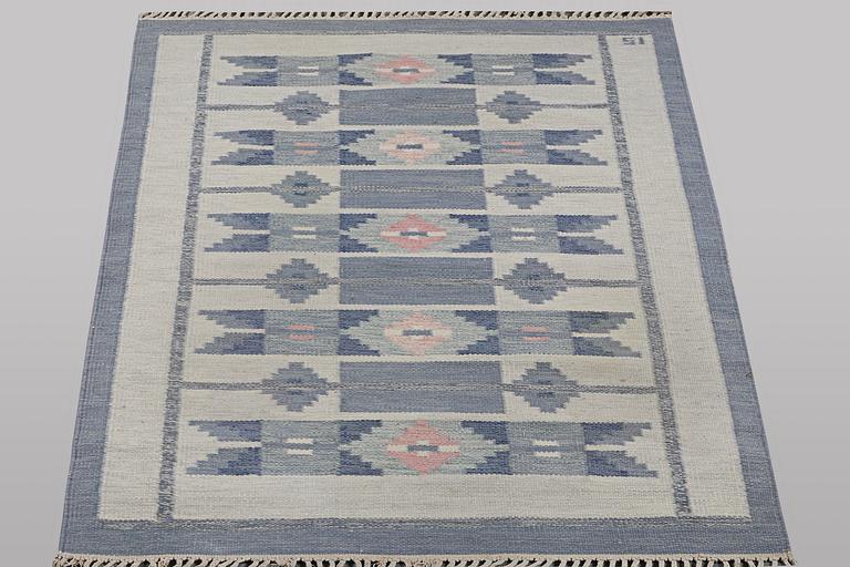 Ingegred Silow, a flat weave carpet, signed IS, ca 197 x 137 cm.