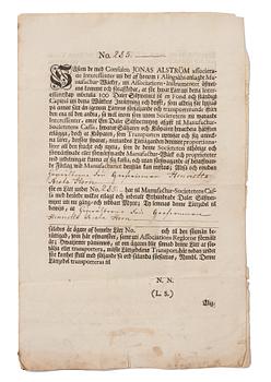 Aktiebrev, Ahlingsåhs Manufaktur Werk (Manufactur-Societet), No 285, 1728,