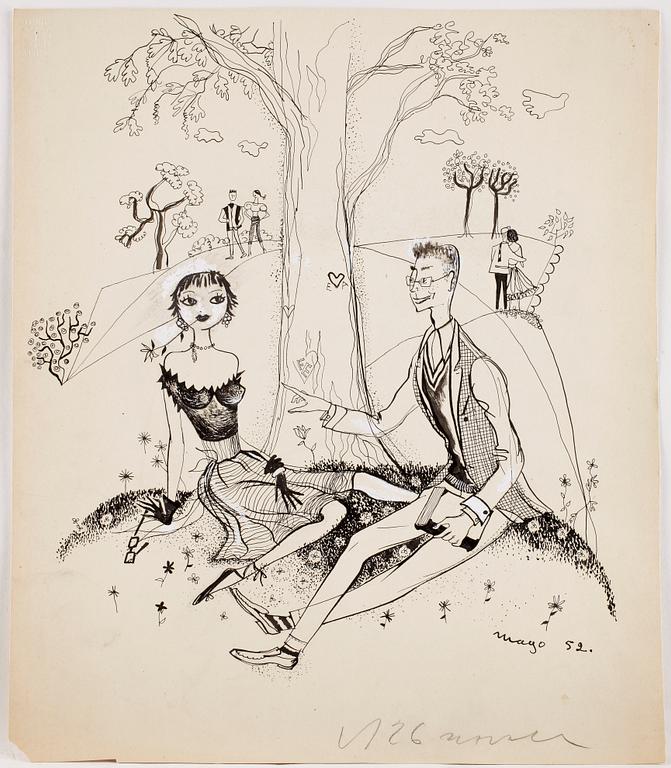 MAX GOLDSTEIN (MAGO), ca 35 st, dräktskisser, teckningar, blyertsskisser, vissa daterade o signerade, Mago 1953.