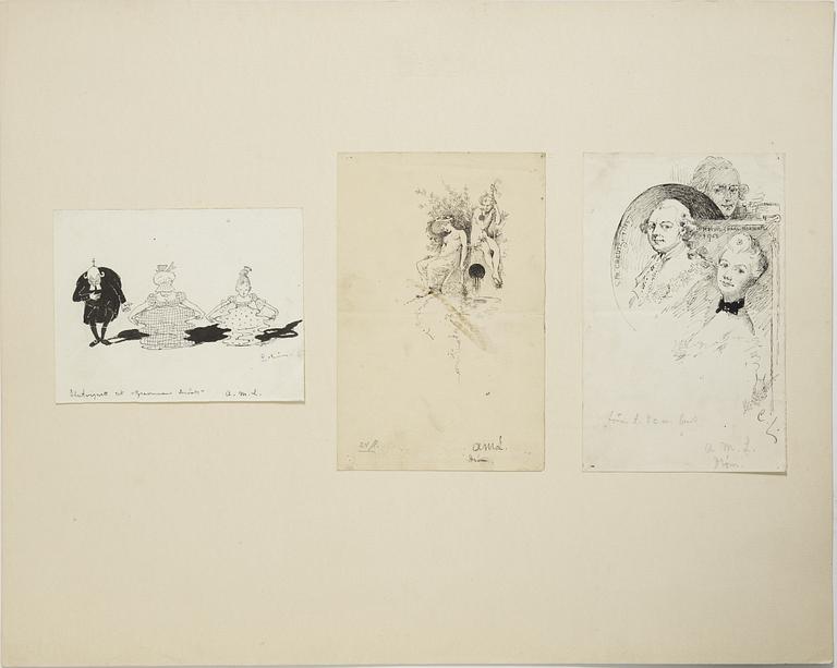 Carl Larsson, 6 drawings, signed C.L, Indian ink and hightening white mounted on cardboard.