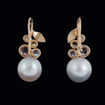 Saltwater pearl, pink tourmaline, sapphire and brilliant-cut diamond earrings.