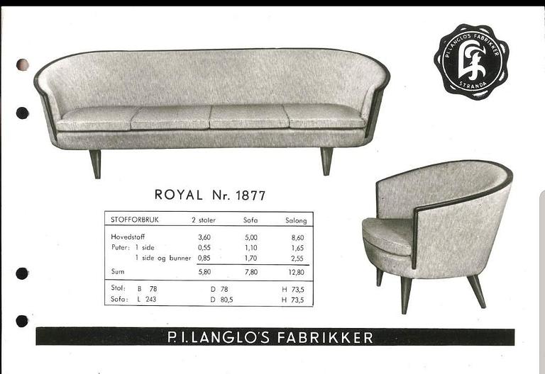 Peter Iversen Langlo, a pair of model 1877 Royal easy chairs from Stranda/Ekornes, Norway, 1940's/50's.